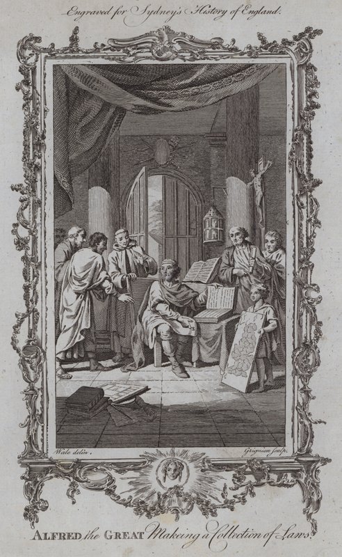 Alfréd Veliký tvoří sbírku zákonů (rytina) od Samuel (after) Wale