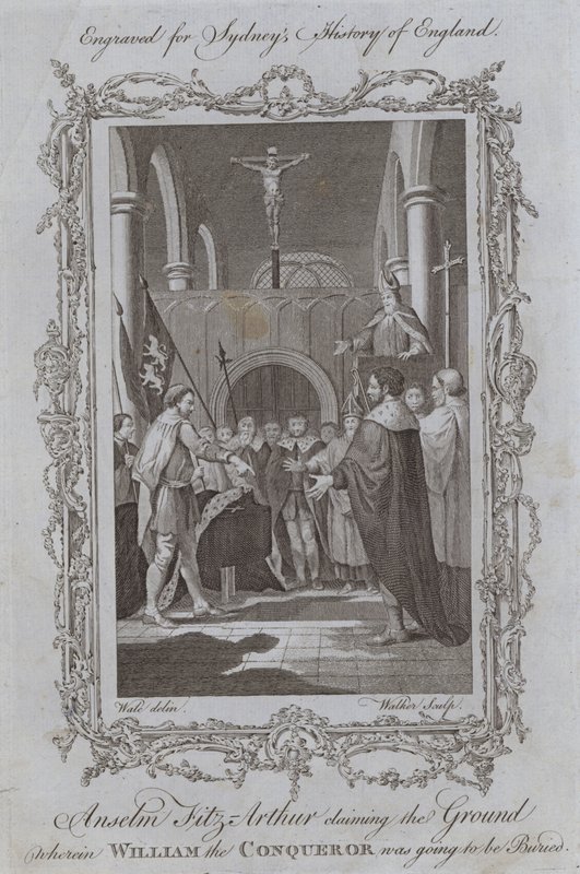 Anselm Fitz-Arthur si nárokuje pozemek, kde měl být Vilém Dobyvatel pohřben (rytina) od Samuel (after) Wale