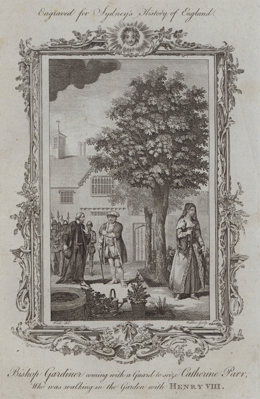 Biskup Gardiner přichází se stráží, aby zajal Catherine Parrovou, která se procházela v zahradě s Jindřichem VIII. (rytina) od Samuel (after) Wale
