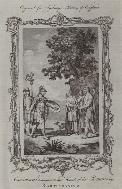 Caractacus zrazen do rukou Římanů Cartismanduou (rytina) od Samuel (after) Wale