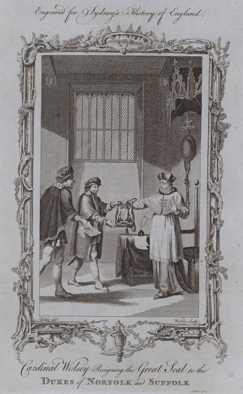 Kardinál Wolsey předává Velkou pečeť vévodům z Norfolku a Suffolku (rytina) od Samuel (after) Wale