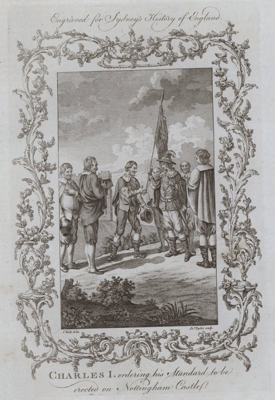 Karel I. nařizuje vztyčení své standarty na zámku Nottingham (rytina) od Samuel (after) Wale
