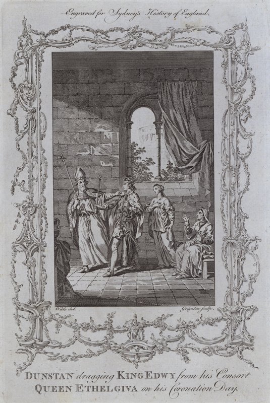 Dunstan táhne krále Edwyho od své choti, královny Ethelgivy v den jeho korunovace (rytina) od Samuel (after) Wale