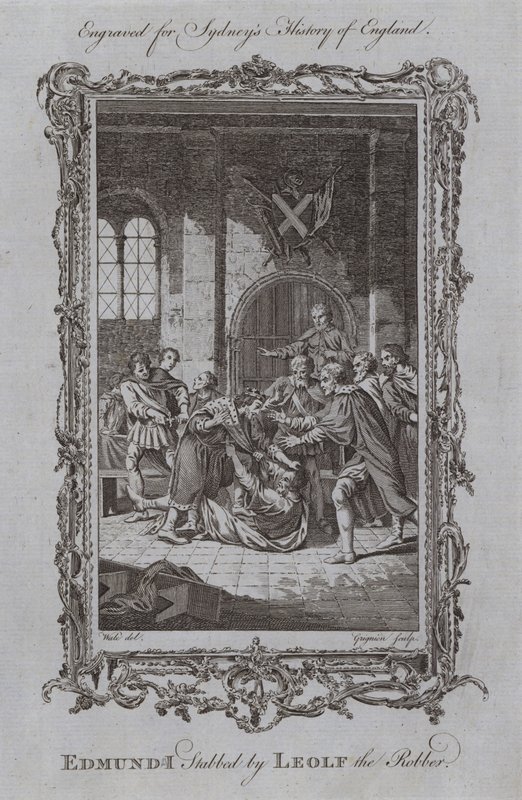 Edmund I. Pobodal Leolfem lupičem (rytina) od Samuel (after) Wale