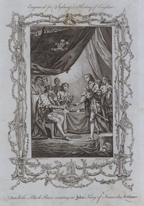 Edward Černý princ čeká na Jana krále Francie, jeho vězně (rytina) od Samuel (after) Wale