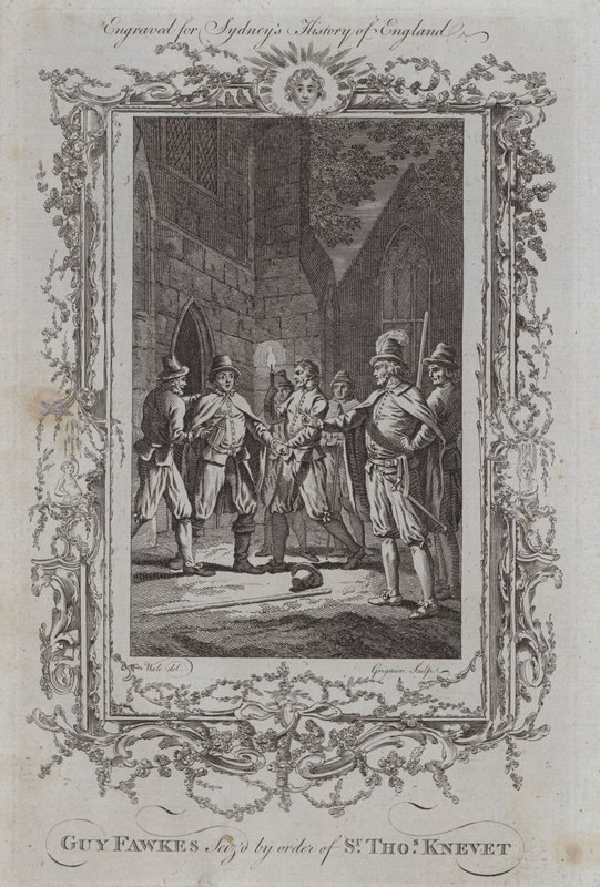 Guy Fawkes Seised na příkaz sira Thomase Kneveta (rytina) od Samuel (after) Wale