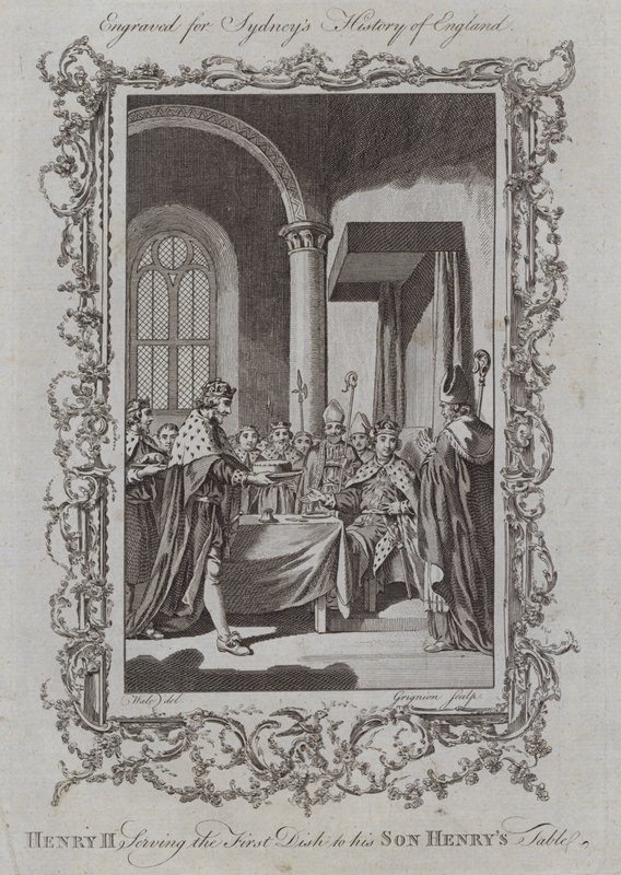 Jindřich II. podává první jídlo na stůl svého syna Henryho (rytina) od Samuel (after) Wale