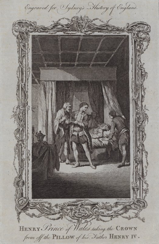 Henry princ z Walesu, jak snímá korunu z polštáře svého otce Jindřicha IV. (rytina) od Samuel (after) Wale