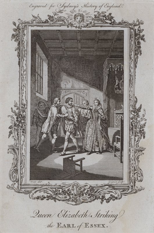 Queen Elizabeth Striking the Earl of Essex (rytina) od Samuel (after) Wale