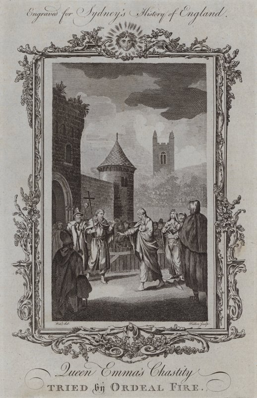 Cudnost královny Emmy zkoušená Ordeal Fire (rytina) od Samuel (after) Wale