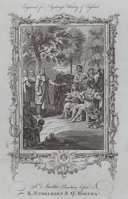 St Austin Kázání před K Ethelbertem a Q Berthou (rytina) od Samuel (after) Wale