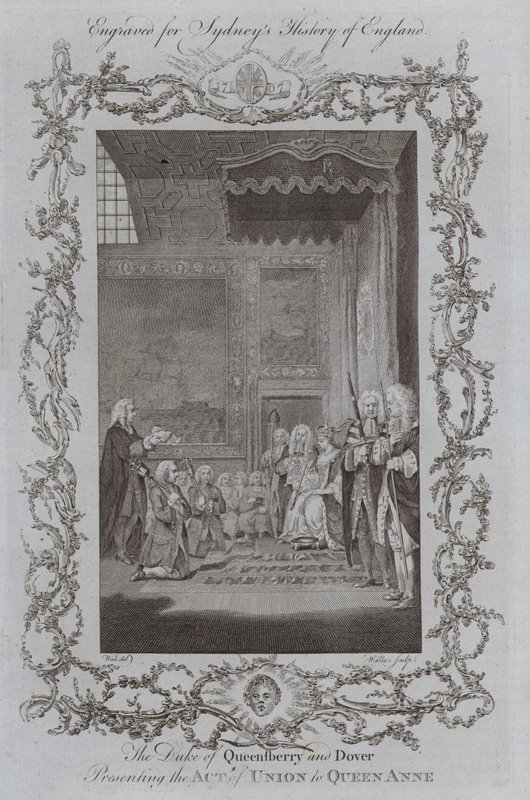 Vévoda z Queensberry a Doveru předkládá královně Anně zákon o unii (rytina) od Samuel (after) Wale