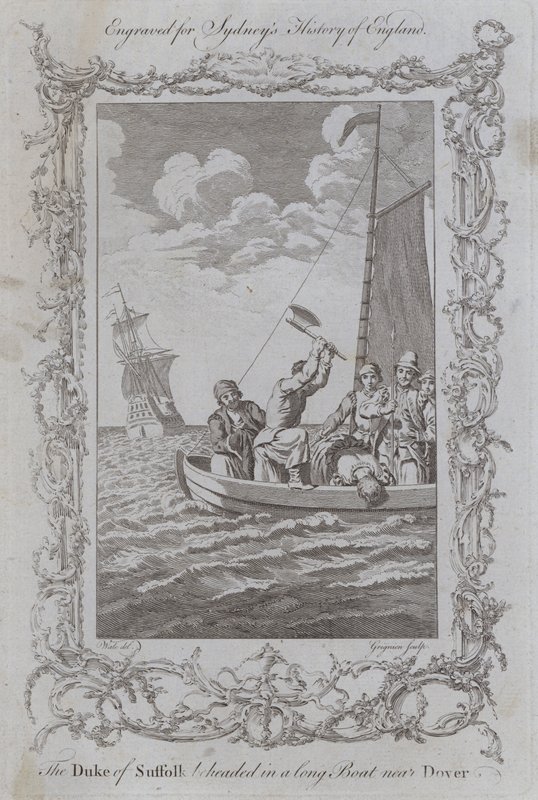 Vévoda ze Suffolku sťat na dlouhém člunu poblíž Doveru (rytina) od Samuel (after) Wale