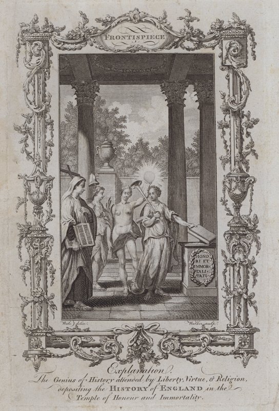 Génius dějin za účasti svobody, ctnosti a náboženství, uložení dějin Anglie v Chrámu cti a nesmrtelnosti (rytina) od Samuel (after) Wale