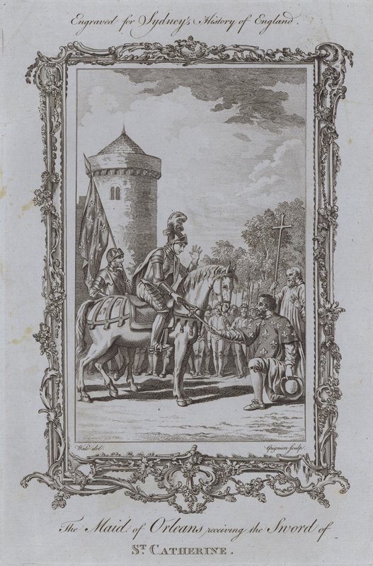 Panna Orleánská obdrží meč svaté Kateřiny (rytina) od Samuel (after) Wale