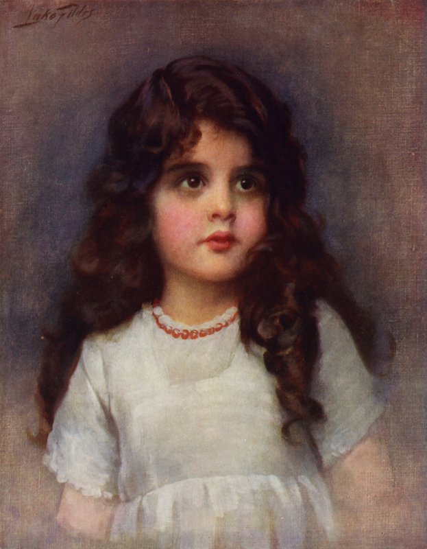 Curly Locks: portrét krásné mladé dívky s dlouhými tmavými kudrnatými vlasy (barva litho) od Samuel Luke (after) Fildes