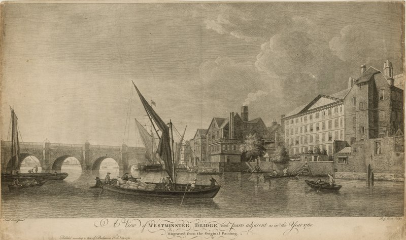 Pohled na Westminsterský most s přilehlými částmi jako v roce 1760 od Samuel Scott