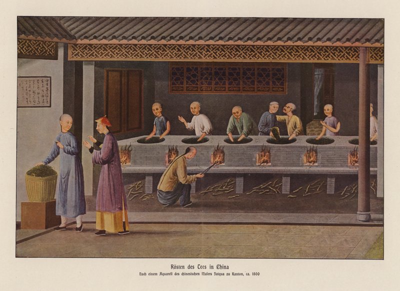 Pražení čaje v Číně (barevná litografie) od School Chinese