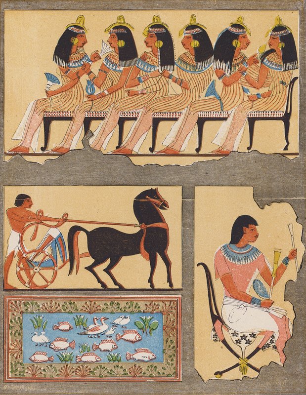 Fresky ze staroegyptské hrobky v Thébách (barevná litografie) od School Egyptian