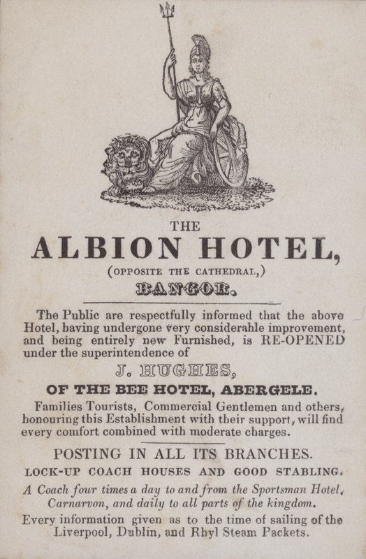 Reklama na hotel Albion, Bangor, Severní Wales (rytina) od School Welsh