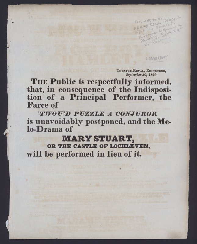 Oznámení o změně účtovaného představení v Theatre Royal, Edinburgh, 30. září 1829 (litho) od Scottish School