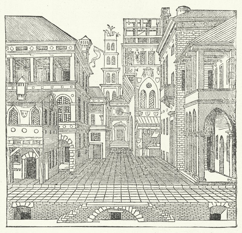 Scénický návrh italského manýristického architekta Sebastiana Serlia pro komedii od Sebastiano Serlio