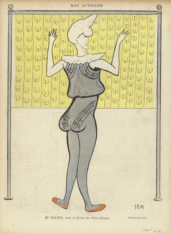 Louise Balthy, francouzská herečka, ve Folies-Bergere, ilustrace pro Le Rire od Sem