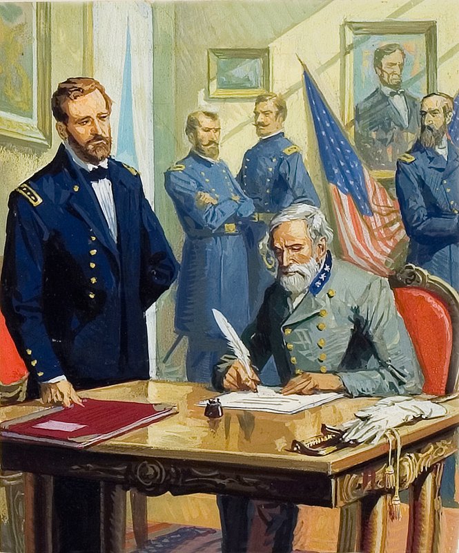 Generál Ulysses Grant přijímá kapitulaci generála Leeho u Appomattoxu od Severino Baraldi