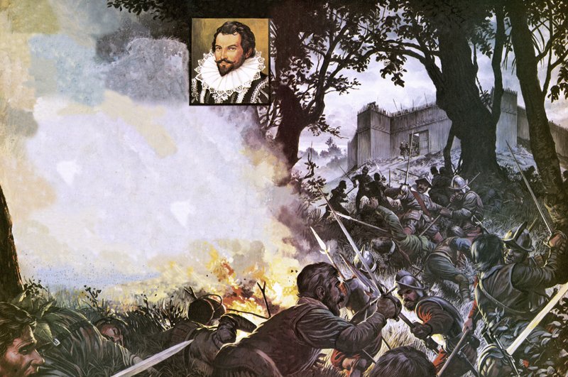 Útok mužů sira Waltera Raleigha na španělskou pevnost od Severino Baraldi