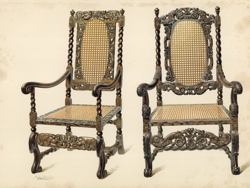 Židle, majetek P Macquoida; Židle, majetek Arthura S Copea (chromolitho) od Shirley Charles Llewellyn Slocombe