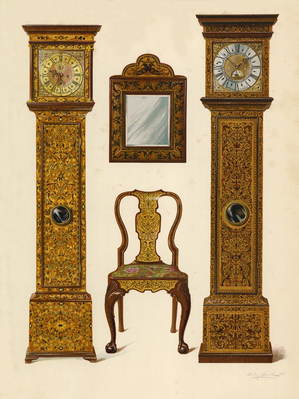 Hodiny vykládané Light Marqueterie, majetek Percyho Macquoida; Hodiny vykládané temnou intarzií, Victoria and Albert Museum; Židle z ořechového dřeva vykládaná intarziemi; Zrcadlo (chromolitho) od Shirley Charles Llewellyn Slocombe