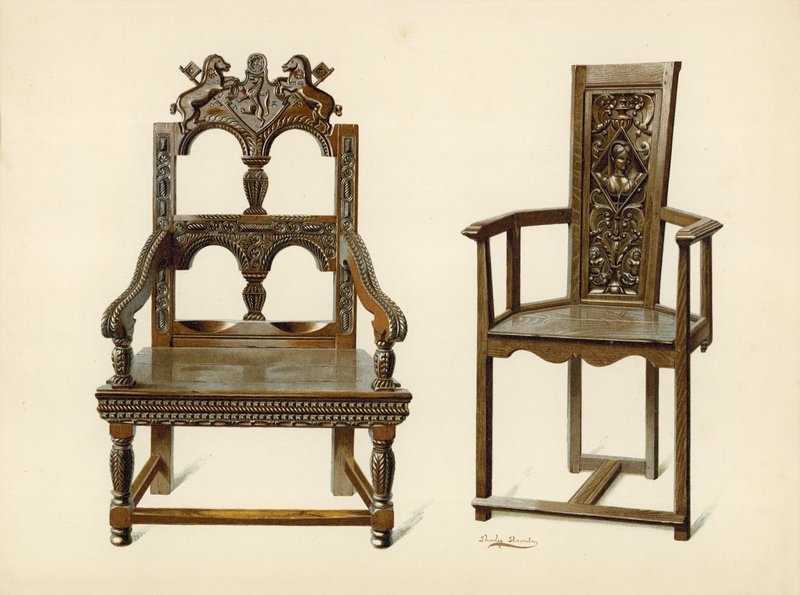 Oak Cacqueteuse Chair, majetek Percyho Macquoida; Yew Chair, majetek vévody z Leedsu (chromolitho) od Shirley Charles Llewellyn Slocombe