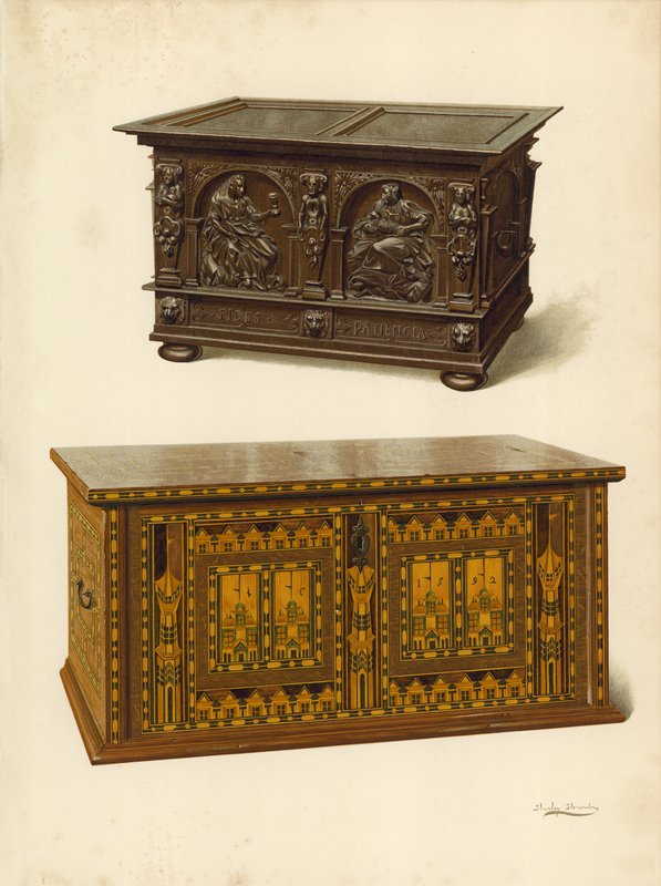 Dubová truhla, majetek Seymoura Lucase; dubová intarzovaná truhla Nonesuch (chromolit) od Shirley Charles Llewellyn Slocombe