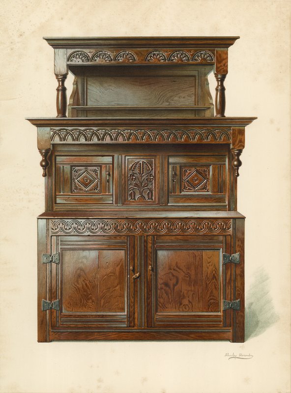 Oak Court Cupboard (Tridarn), majetek H Clarence Whaite (chromolitho) od Shirley Charles Llewellyn Slocombe