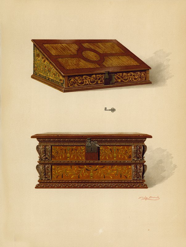 Dubová vykládaná krabice, majetek Edwarda Quiltera; Dubová intarzovaná krabice, majetek Edwarda Quiltera (chromolitho) od Shirley Charles Llewellyn Slocombe