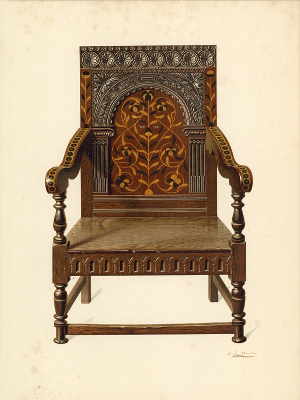 Oak Intarzované křeslo, majetek slečny Dorothy Chune Fletcher (chromolitho) od Shirley Charles Llewellyn Slocombe