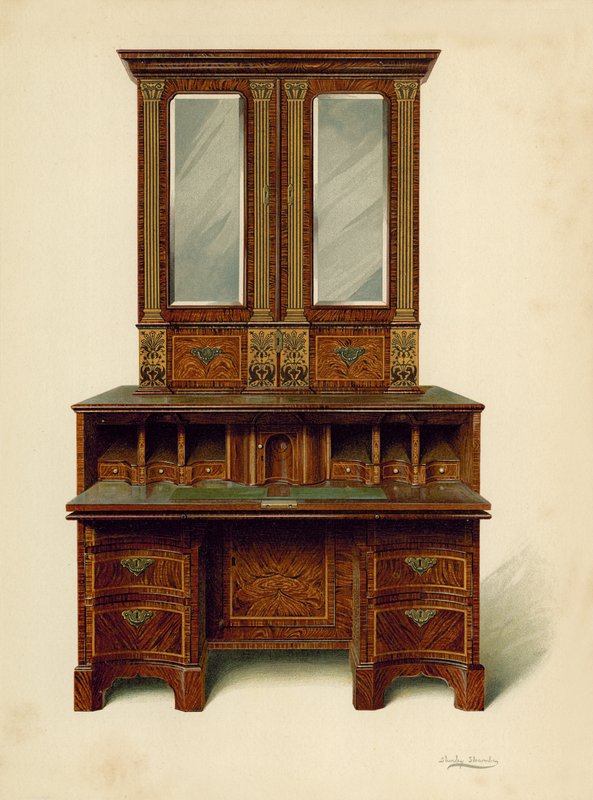 Ořechově vykládaná psací skříň, majetek Alfreda A de Pass (chromolitho) od Shirley Charles Llewellyn Slocombe
