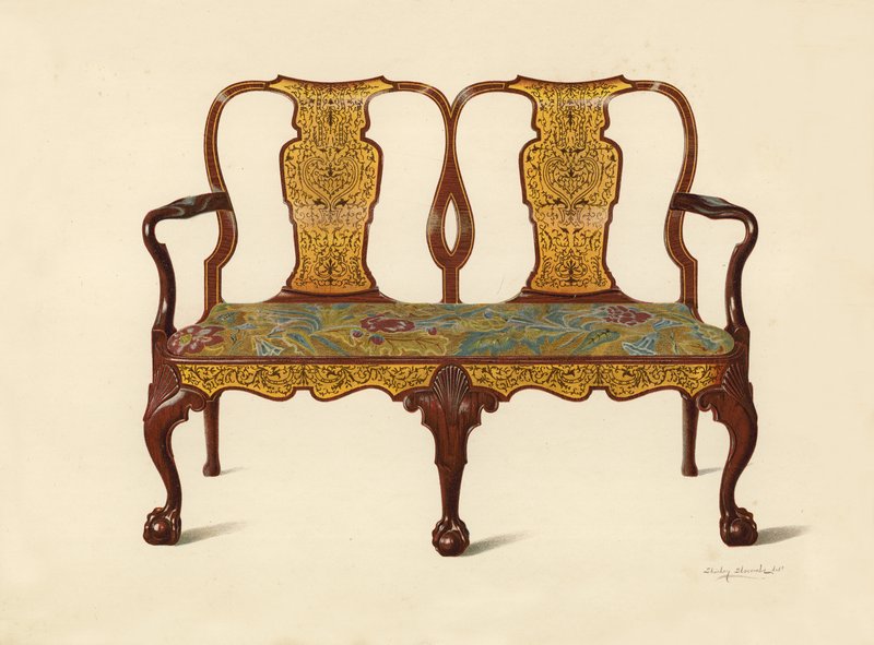 Ořechová pohovka vykládaná markýzou, majetek Percyho Macquoida (chromolitho) od Shirley Charles Llewellyn Slocombe