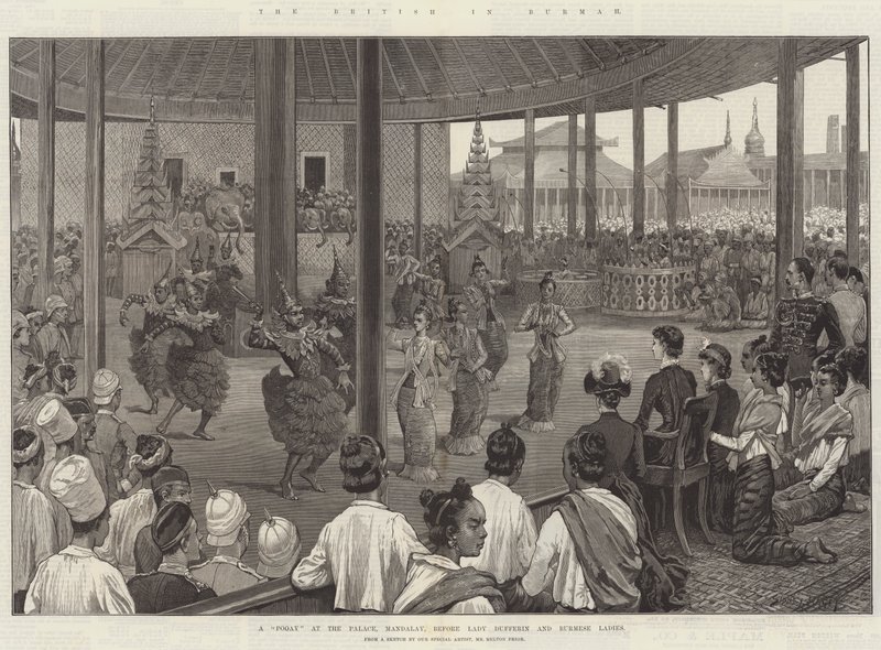 Britové v Barmě, chudí v paláci, Mandalay, před lady Dufferinovou a barmskými dámami od Sidney Paget
