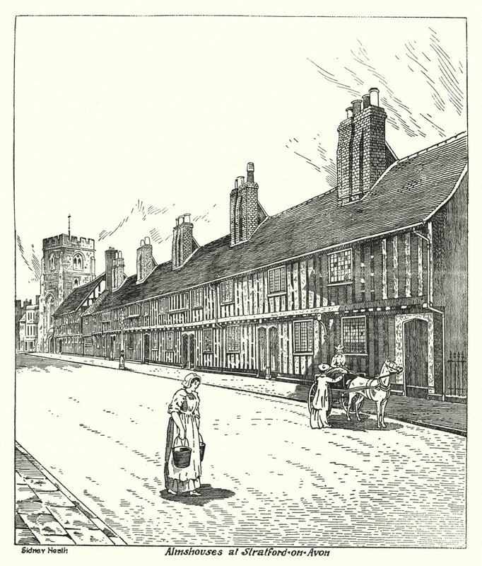 Almshouses at Stratford-on-Avon (rytina) od Sidney Heath