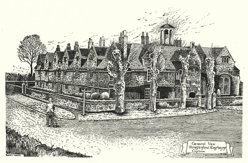 General View, Hungerford Almshouses, Corsham (rytina) od Sidney Heath