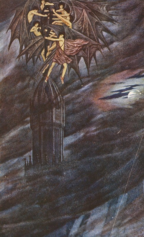 Zlatá legenda: Lucifer a jeho andělé (barevná litografie) od Sidney Meteyard