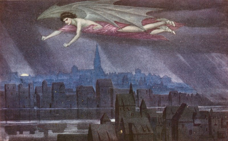 Zlatá legenda: Lucifer letící nad městem (barevná litografie) od Sidney Meteyard