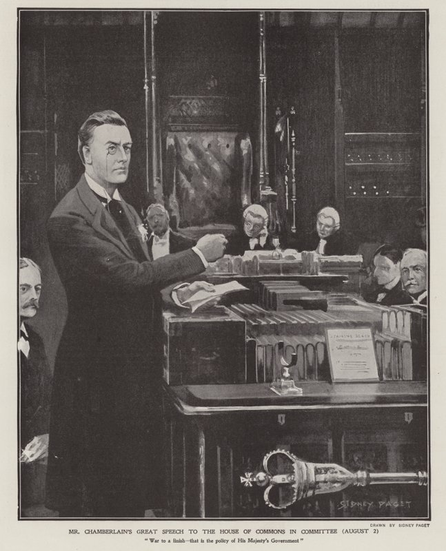 Projev Josepha Chamberlaina o búrské válce v Dolní sněmovně dne 2. srpna 1901 (litho) od Sidney Paget
