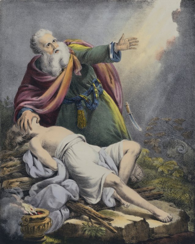 Abraham obětuje svého syna Izáka (barevná rytina) od Siegfried Detler Bendixen