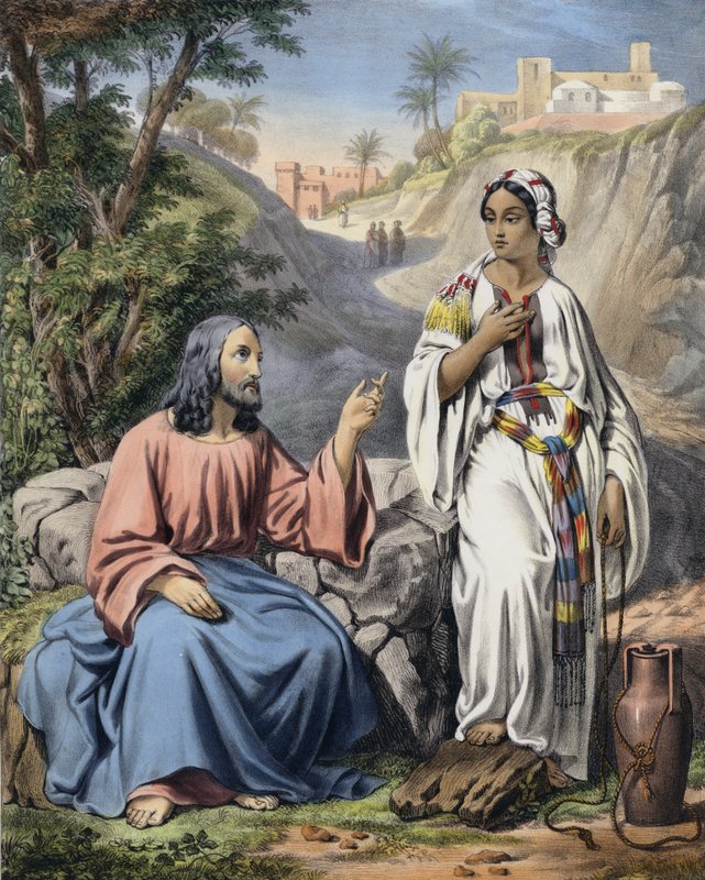 Kristus a žena Samaří u Jákobovy studny (barevná rytina) od Siegfried Detler Bendixen
