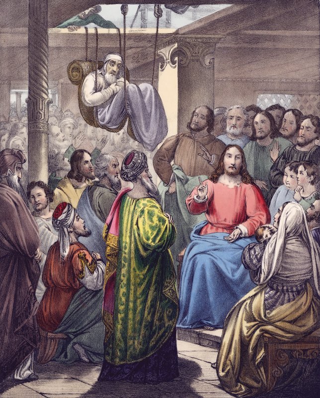 Nemocný po ochrnutí přivedený ke Kristu jeho přáteli (barva lito) od Siegfried Detler Bendixen