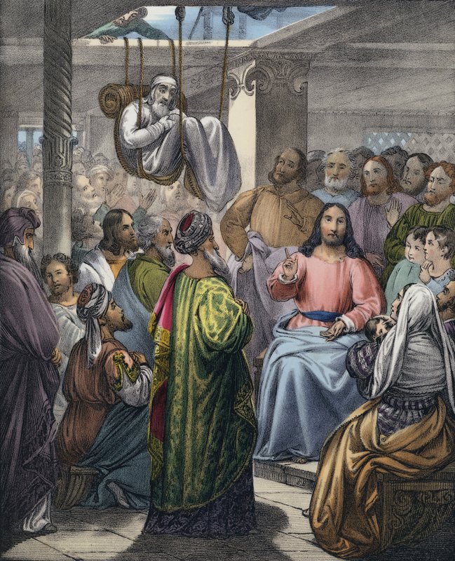 Nemocný po ochrnutí přivedený ke Kristu jeho přáteli (barevná rytina) od Siegfried Detler Bendixen