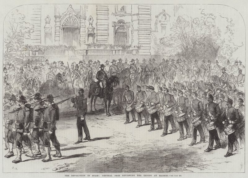 Revoluce ve Španělsku, generál Prim hodnotí vojska v Madridu od Sir John Charles Robinson