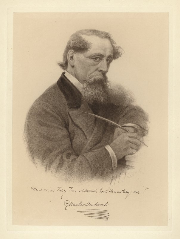 Portrét Charlese Dickense držícího pero (černobílá fotografie) od Solomon (after) Eytinge